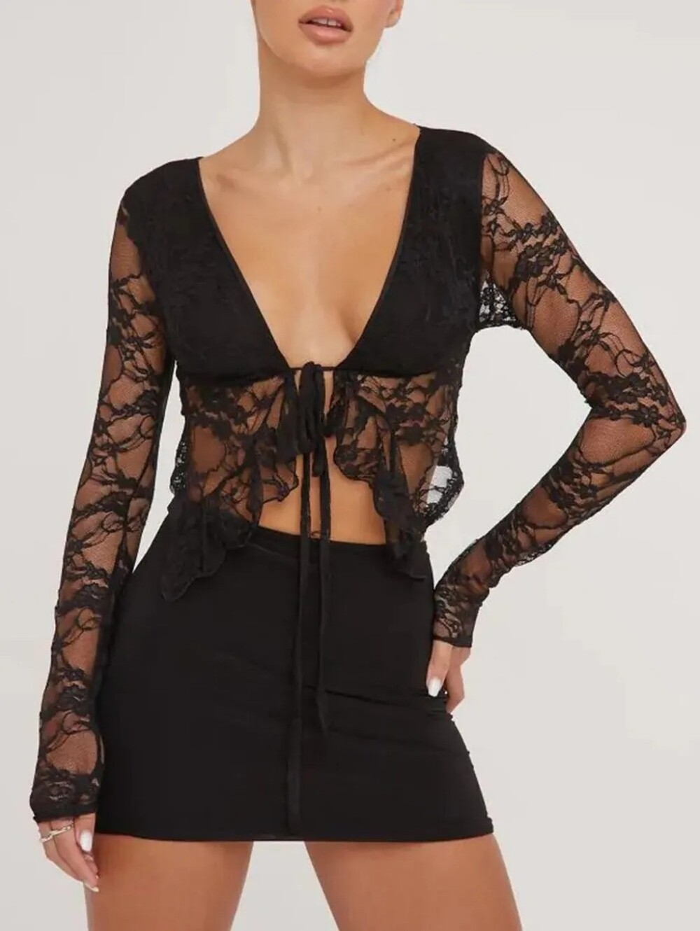 Black Lace Tie-Front Bralette Top - Women Intimates & Sleepwear
